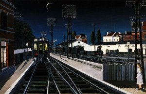 Train in Evening (1957). A work by the surrealist painter Paul Delvaux. 